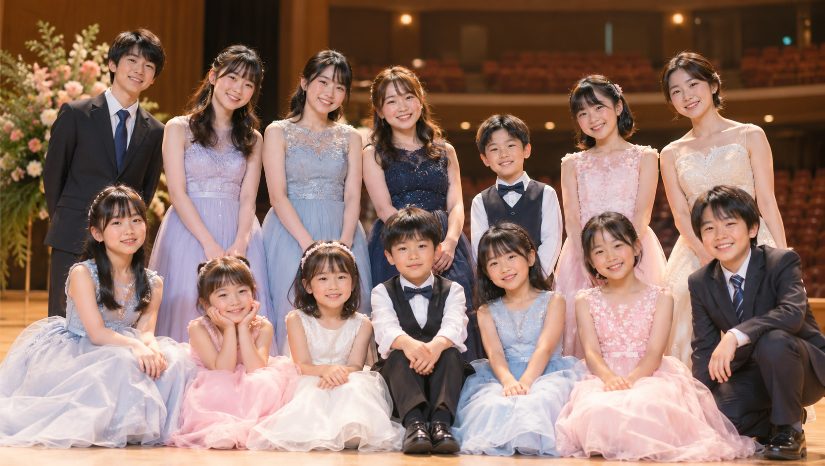 発表会で正装した、幼児から大人まで幅広い年齢層の生徒たちの集合写真