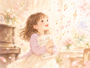 中野島のピアノ教室 ブログ 好きな曲の楽譜を胸に抱えて目を輝かせる女の子と、舞い上がる音符の水彩イラスト
