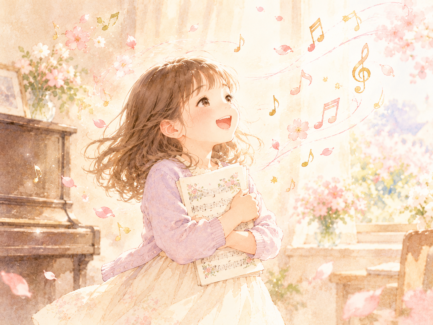 中野島のピアノ教室 ブログ 好きな曲の楽譜を胸に抱えて目を輝かせる女の子と、舞い上がる音符の水彩イラスト
